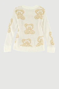 Toddler Girls Teddy Bear Print Long Sleeve Sweater, White, Size 2T