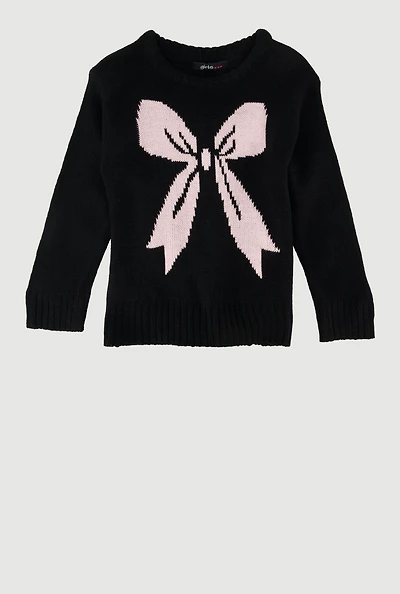 Toddler Girls Bow Graphic Long Sleeve Sweater, Black, Size 3T