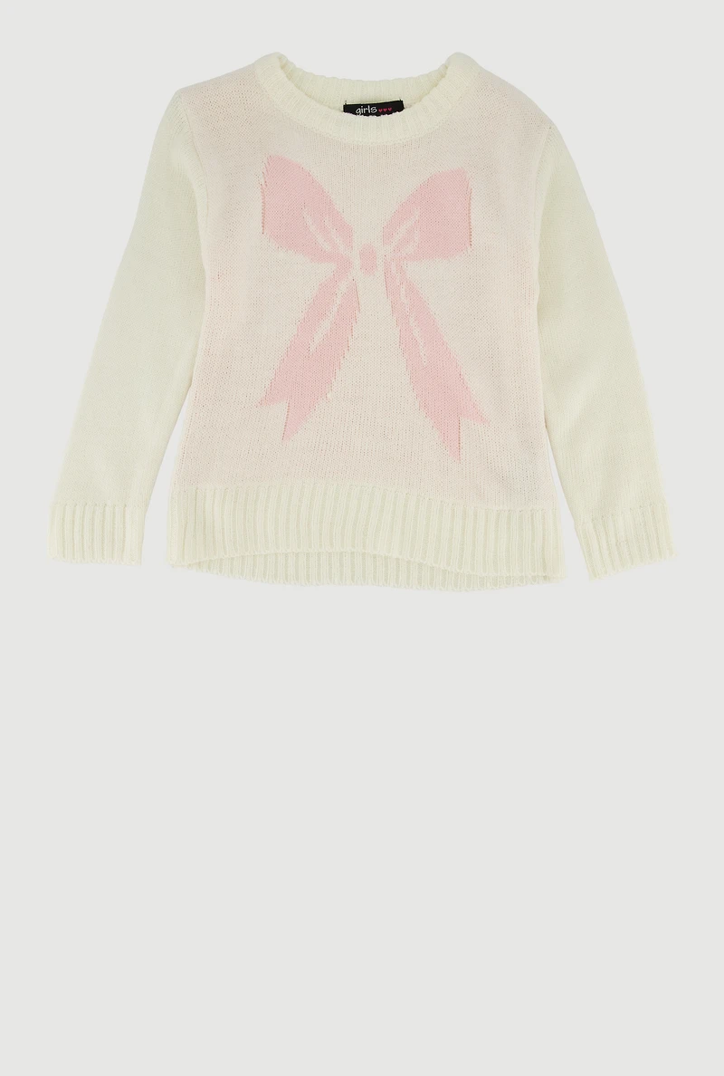 Toddler Girls Bow Graphic Long Sleeve Sweater, White, Size 4T