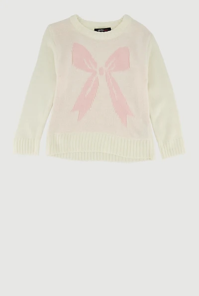 Toddler Girls Bow Graphic Long Sleeve Sweater, White, Size 4T