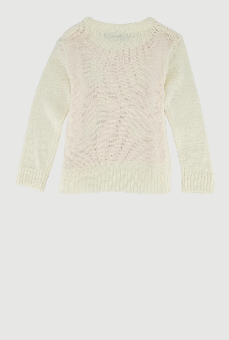 Toddler Girls Bow Graphic Long Sleeve Sweater, White, Size 4T
