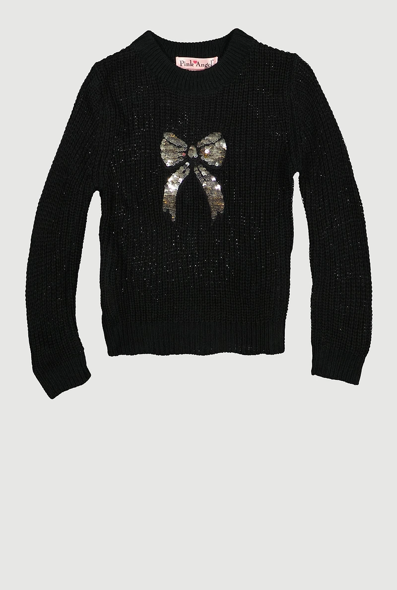 Toddler Girls Sequin Bow Long Sleeve Crew Neck Sweater