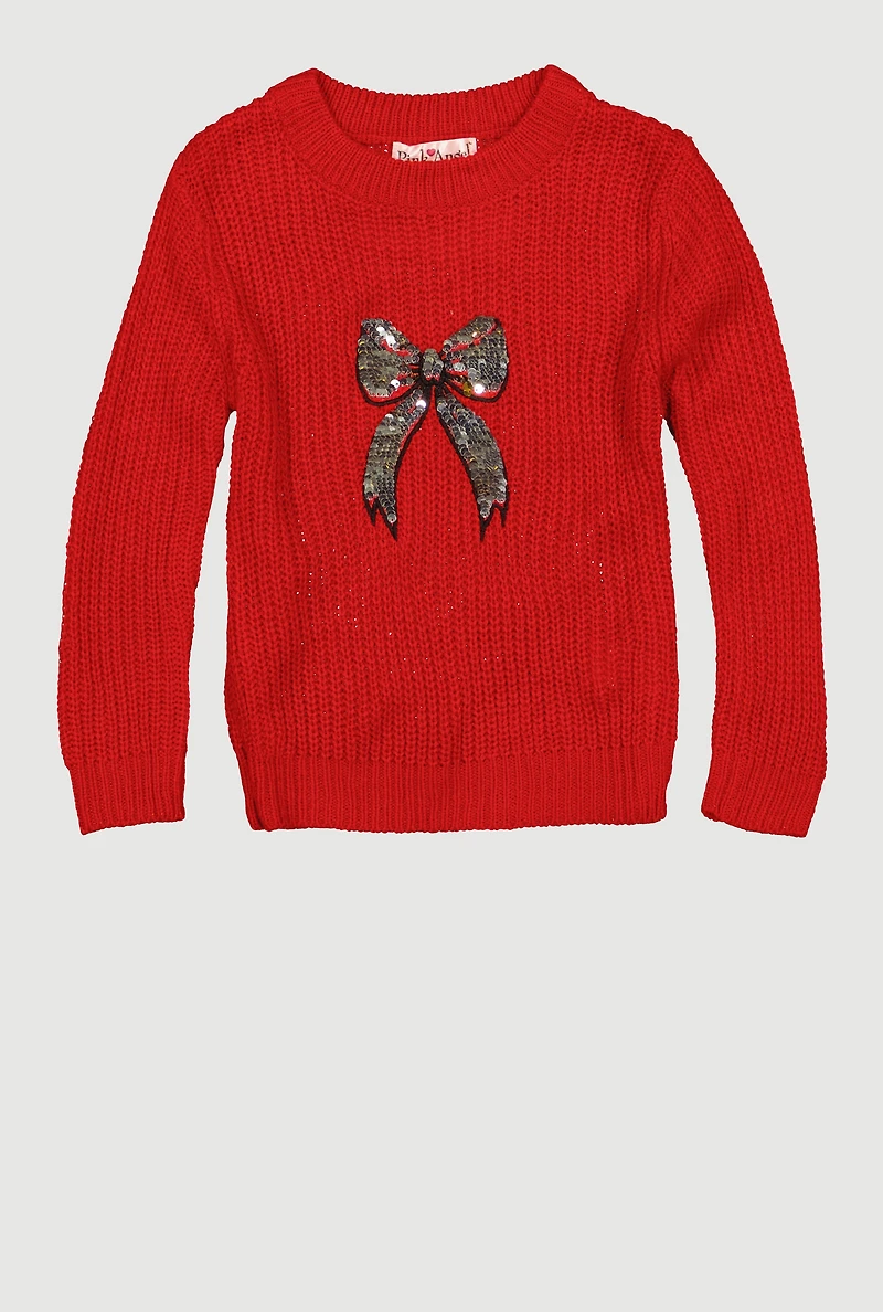 Toddler Girls Sequin Bow Long Sleeve Crew Neck Sweater, Red,
