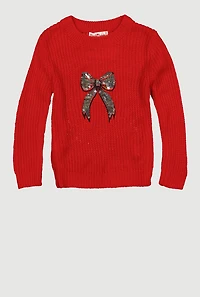 Toddler Girls Sequin Bow Long Sleeve Crew Neck Sweater, Red,