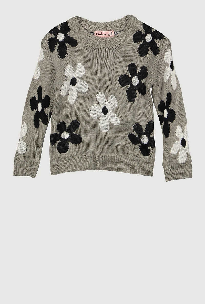 Toddler Girls Flower Print Long Sleeve Crew Neck Sweater, Grey, Size 3T