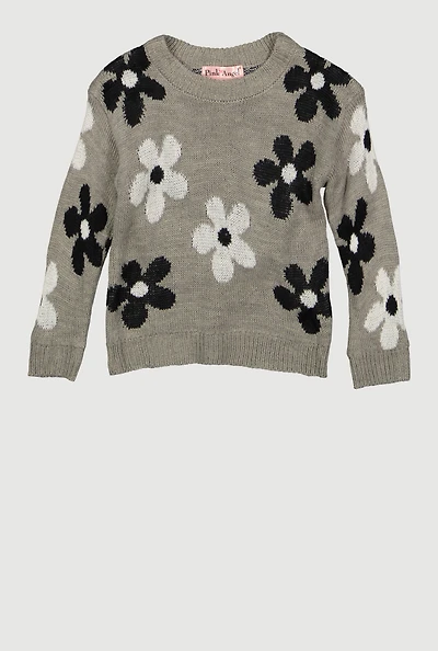 Toddler Girls Flower Print Long Sleeve Crew Neck Sweater, Grey, Size 3T