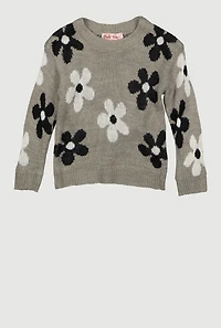 Toddler Girls Flower Print Long Sleeve Crew Neck Sweater, Grey, Size 3T