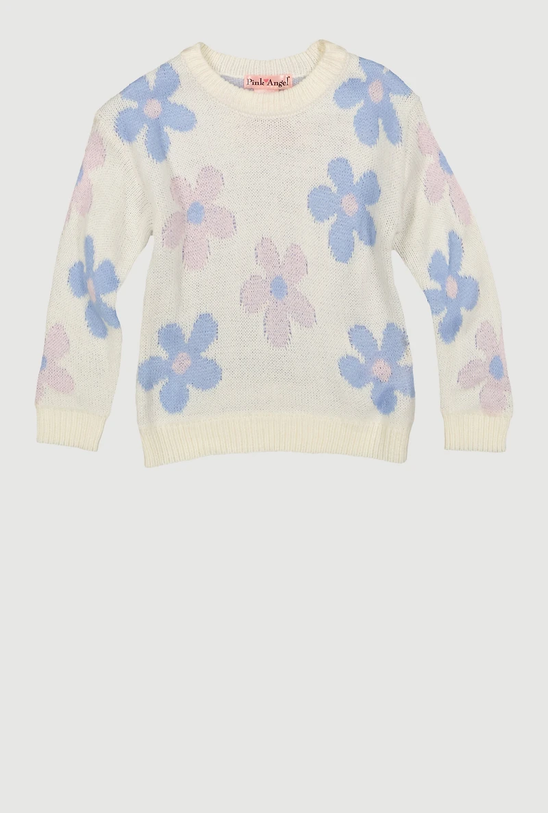 Toddler Girls Flower Print Long Sleeve Crew Neck Sweater