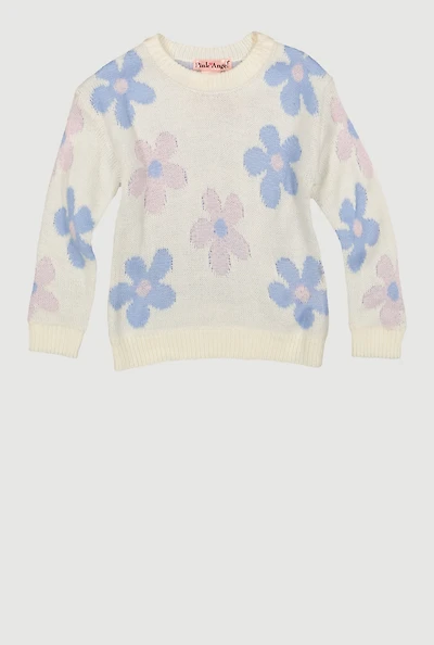 Toddler Girls Flower Print Long Sleeve Crew Neck Sweater