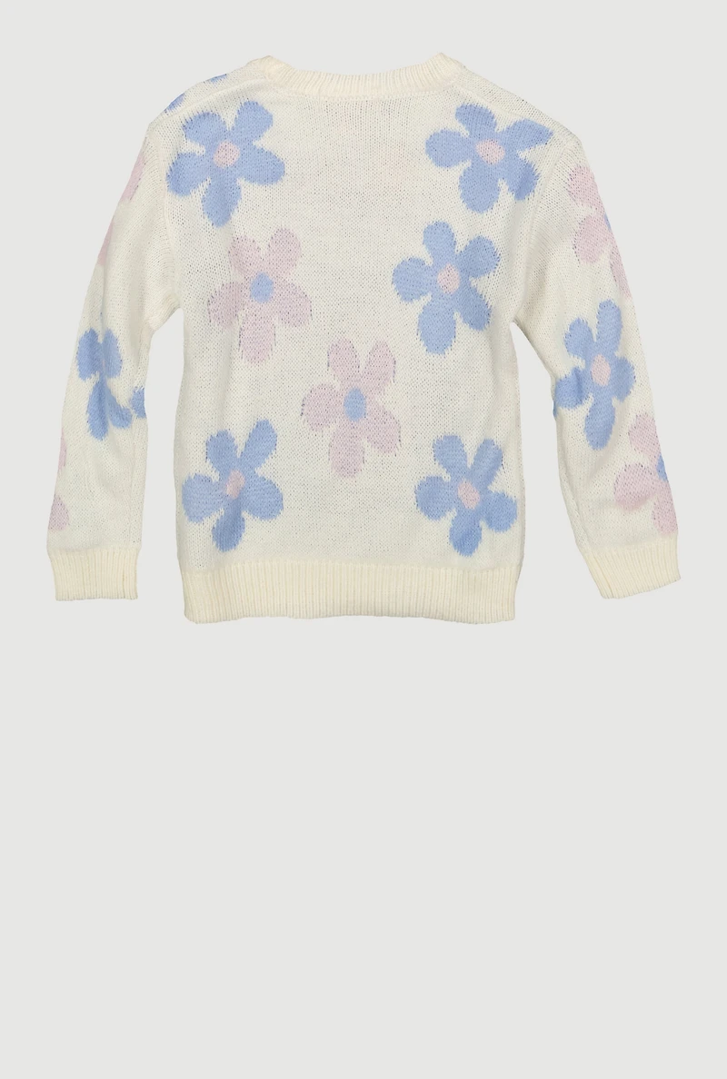 Toddler Girls Flower Print Long Sleeve Crew Neck Sweater