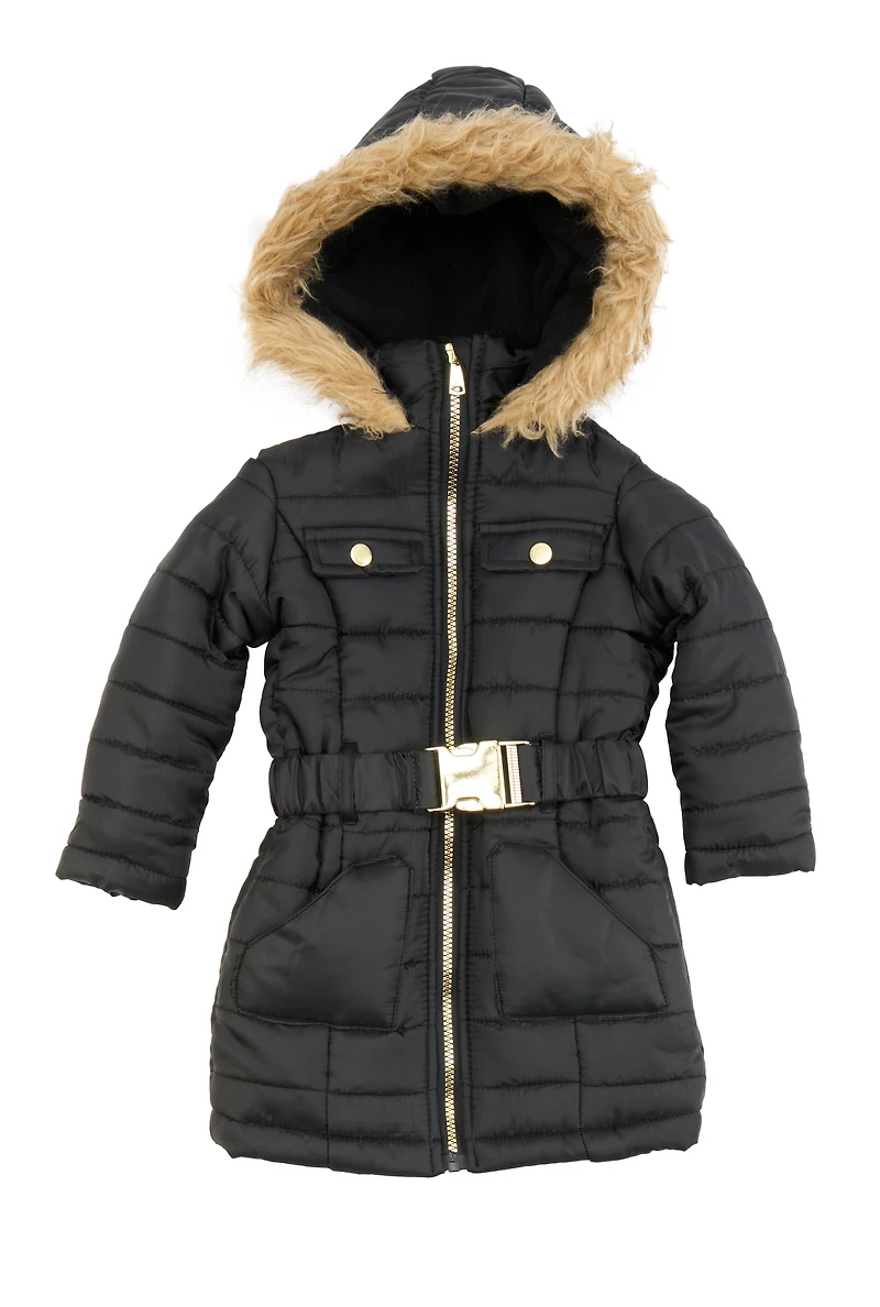 Toddler Girls Hooded Faux Fur Trim Belted Puffer Jacket, Black, Size 2T