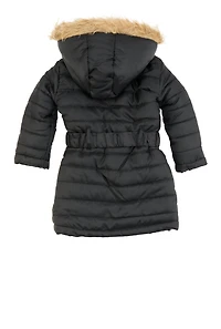 Toddler Girls Hooded Faux Fur Trim Belted Puffer Jacket, Black, Size 2T