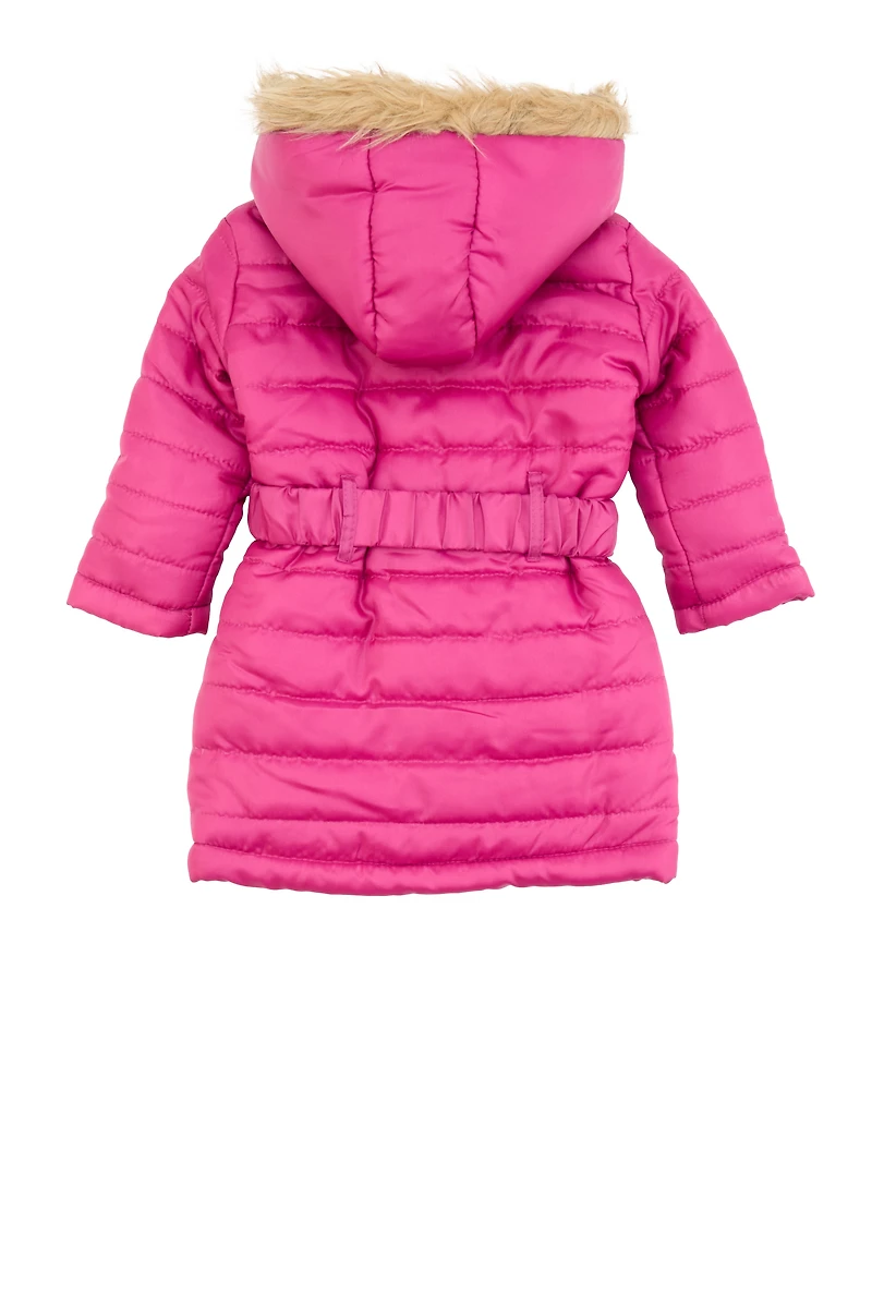 Toddler Girls Hooded Faux Fur Trim Belted Puffer Jacket