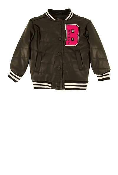 Toddler Girls B Initial Patch Faux Leather Varsity Jacket, Black, Size 2T