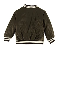 Toddler Girls B Initial Patch Faux Leather Varsity Jacket, Black, Size 2T