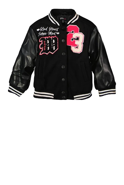 Toddler Girls Winner Chenille Graphic Color Block Varsity Jacket, Black, Size 2T