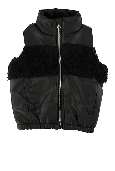 Toddler Girls Sherpa Detail Faux Leather Vest, Black, Size 4T