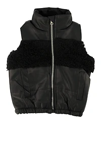 Toddler Girls Sherpa Detail Faux Leather Vest, Black, Size 4T