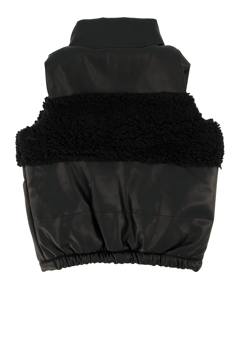 Toddler Girls Sherpa Detail Faux Leather Vest, Black, Size 2T