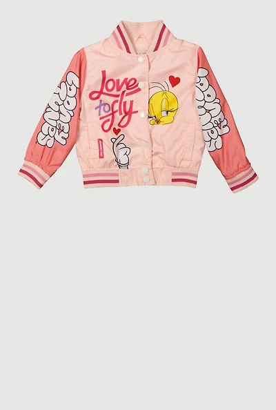 Toddler Girls Love to Fly Graphic Varsity Jacket, Pink, Size 3T