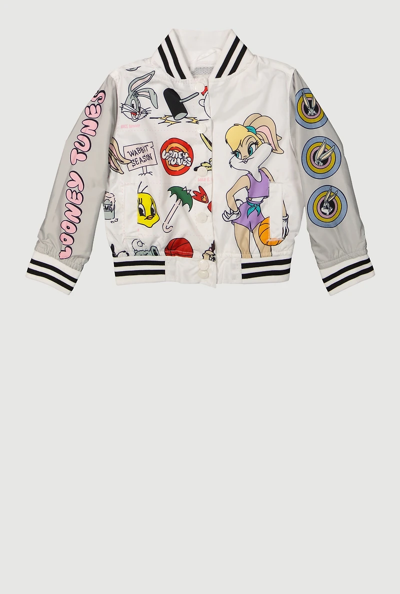 Toddler Girls Cartoon Graphic Windbreaker Varsity Jacket, Multi,