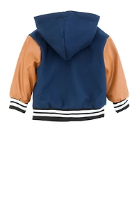Toddler Boys Hooded Zip Front Letterman Jacket, Blue, Size 2T