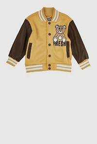 Toddler Boys Faux Leather Sleeve Fresh Graphic Varsity Bomber Jacket