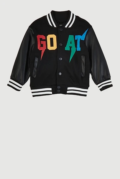 Toddler Boys Faux Leather Sleeve Goat Graphic Varsity Jacket