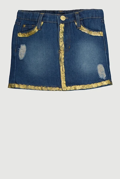Toddler Girls Foil Trim Distressed Denim Skirt
