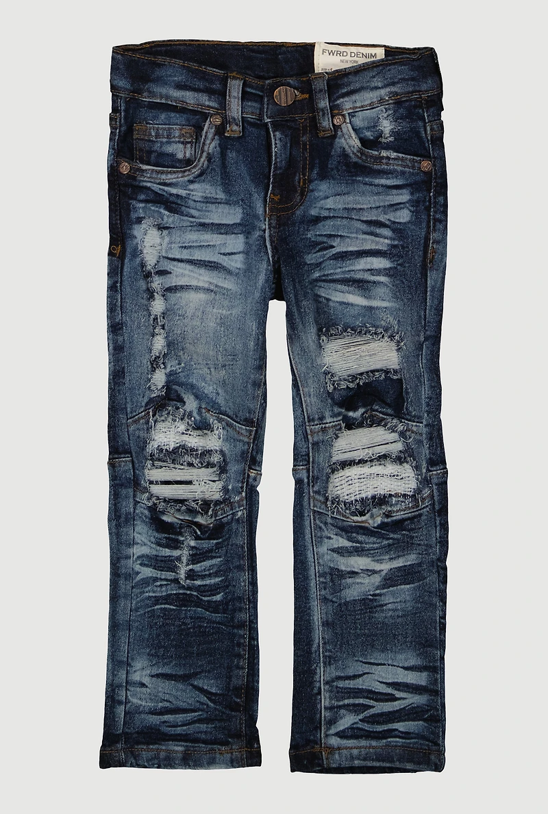 Toddler Boys Acid Wash Whiskered Patch and Repair Jeans, Blue, Size 2T