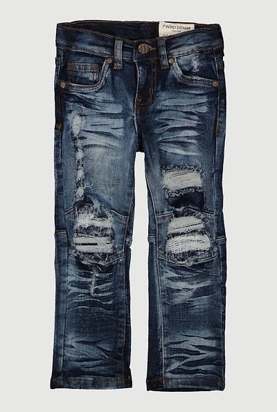 Toddler Boys Acid Wash Whiskered Patch and Repair Jeans, Blue, Size 2T