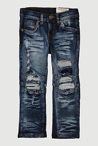 Toddler Boys Acid Wash Whiskered Patch and Repair Jeans, Blue, Size 4T