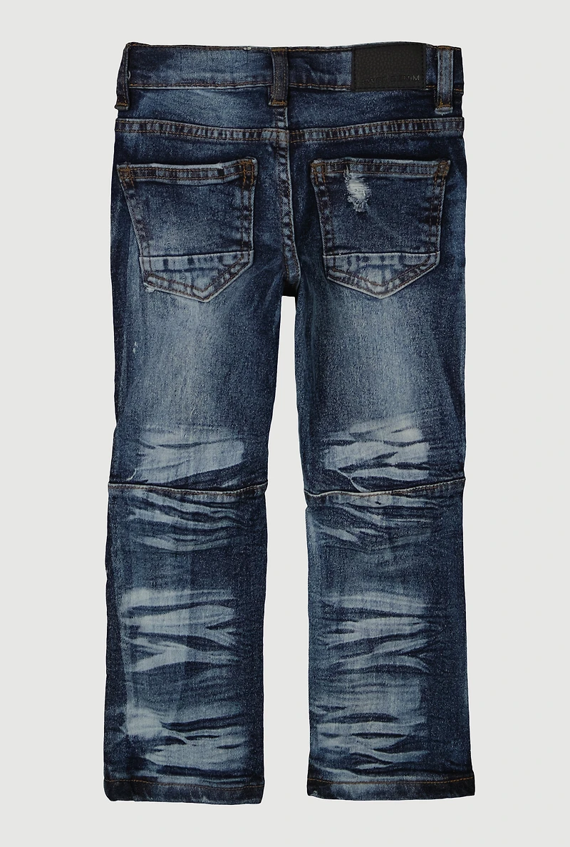 Toddler Boys Acid Wash Whiskered Patch and Repair Jeans, Blue, Size 2T