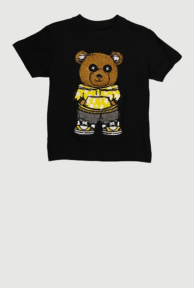 Toddler Boys Chenille Hoodie Teddy Graphic Tee, Black, Size 3T