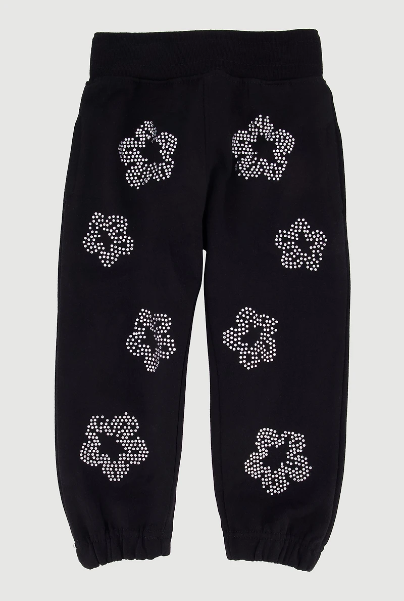 Toddler Boys Floral Rhinestone Sweatpants, Black, Size 4T