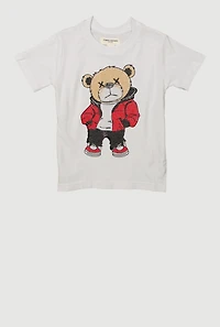 Toddler Boys Bear Graphic Rhinestone Crew Neck Tee, White, Size 4T