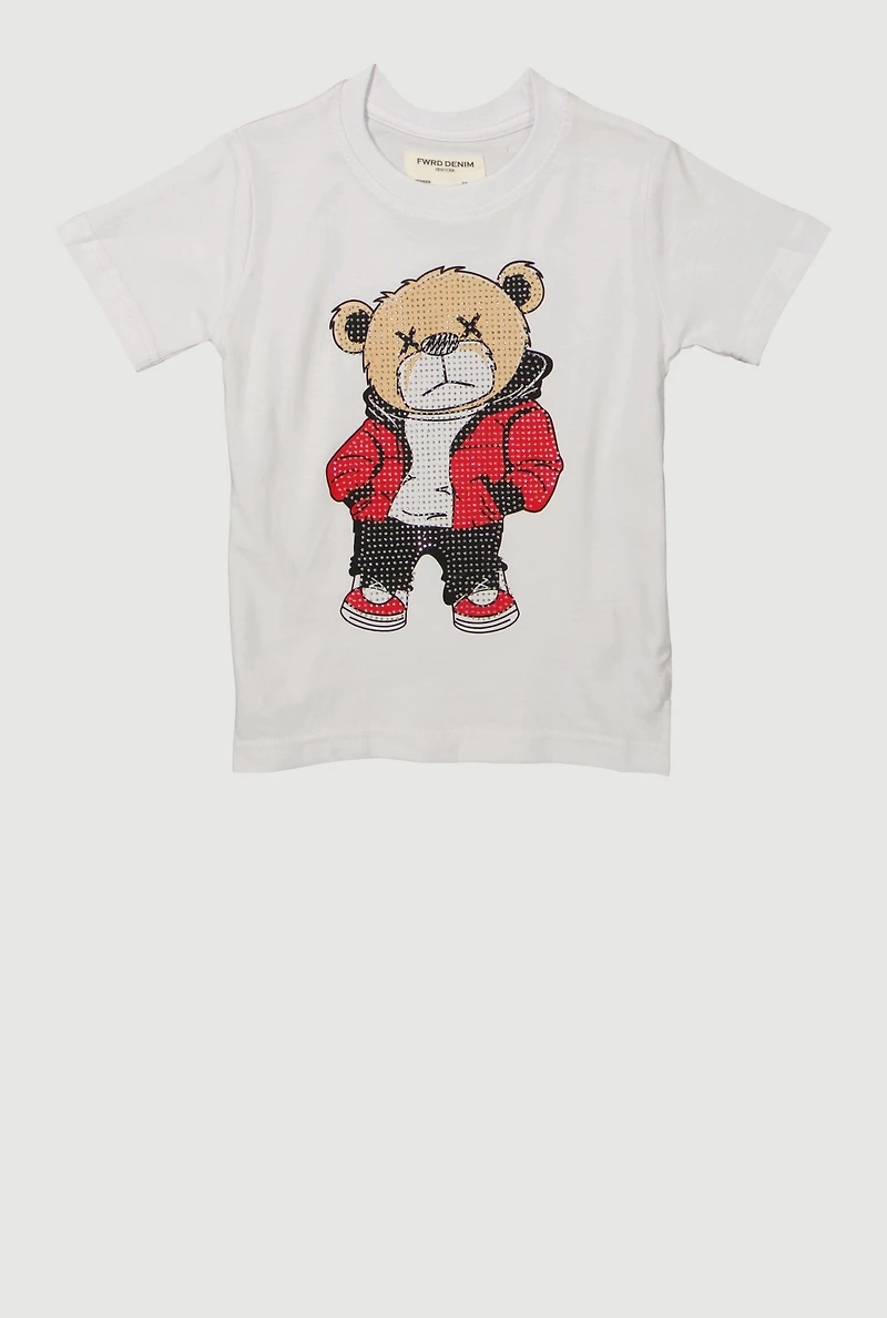 Toddler Boys Bear Graphic Rhinestone Crew Neck Tee, White, Size 2T