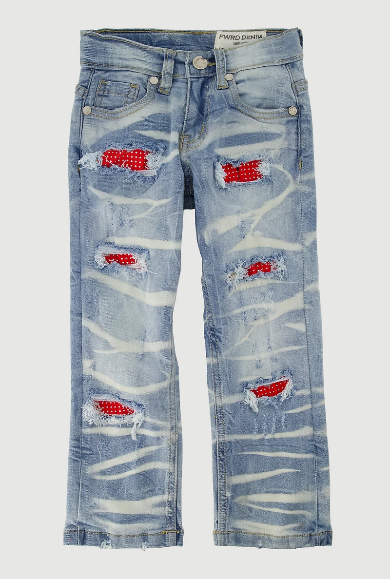 Toddler Boys Rhinestone Studded Patch and Repair Jeans, Blue, Size 3T