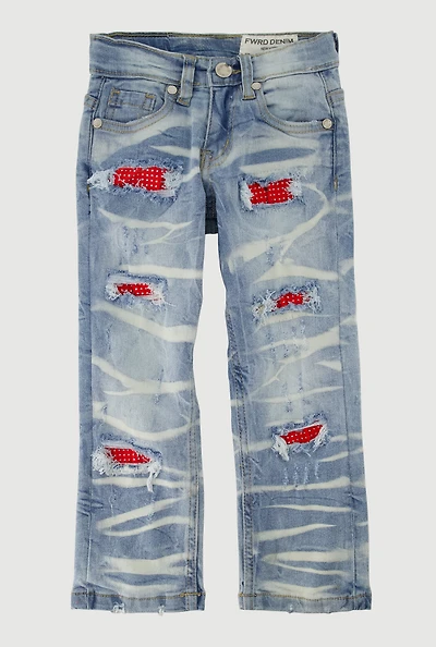 Toddler Boys Rhinestone Studded Patch and Repair Jeans, Blue, Size 3T