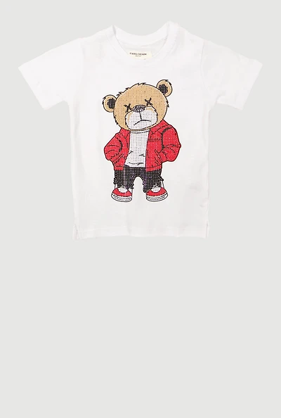 Toddler Boys Bear Graphic Rhinestone Crew Neck T-Shirt, White, Size 2T
