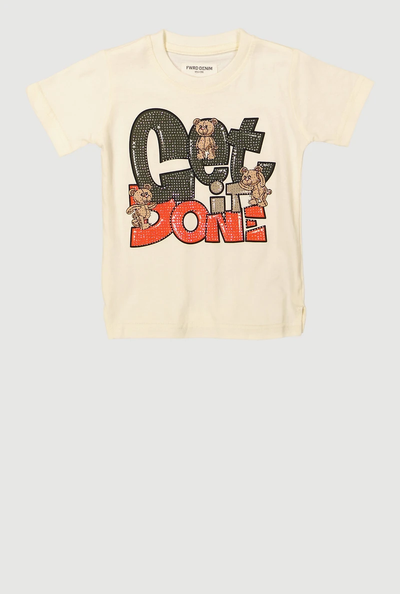 Toddler Boys Get It Done Rhinestone Graphic Short Sleeve Tee, Beige, Size 2T