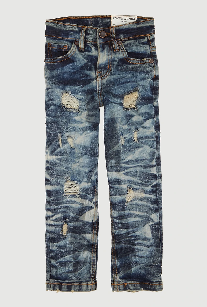 Toddler Boys Distressed Patch and Repair Straight Leg Jeans, Blue, Size 3T