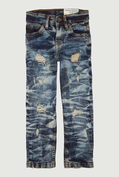 Toddler Boys Distressed Patch and Repair Straight Leg Jeans, Blue, Size 3T