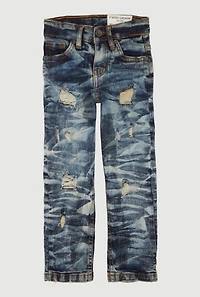 Toddler Boys Distressed Patch and Repair Straight Leg Jeans, Blue, Size 3T