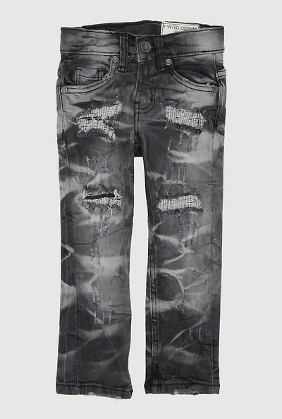 Toddler Boys Whiskered Patch and Repair Straight Leg Jeans, Grey, Size 4T