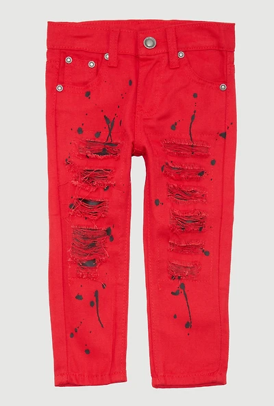 Toddler Boys Paint Splatter Patch and Repair Jeans, Red, Size 3T
