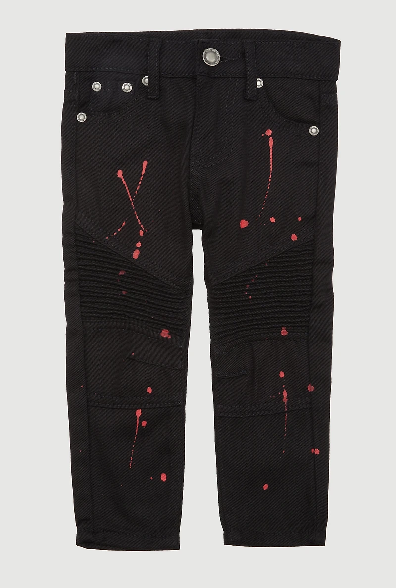 Toddler Boys Straight Leg Paint Splatter Moto Jeans, Black,