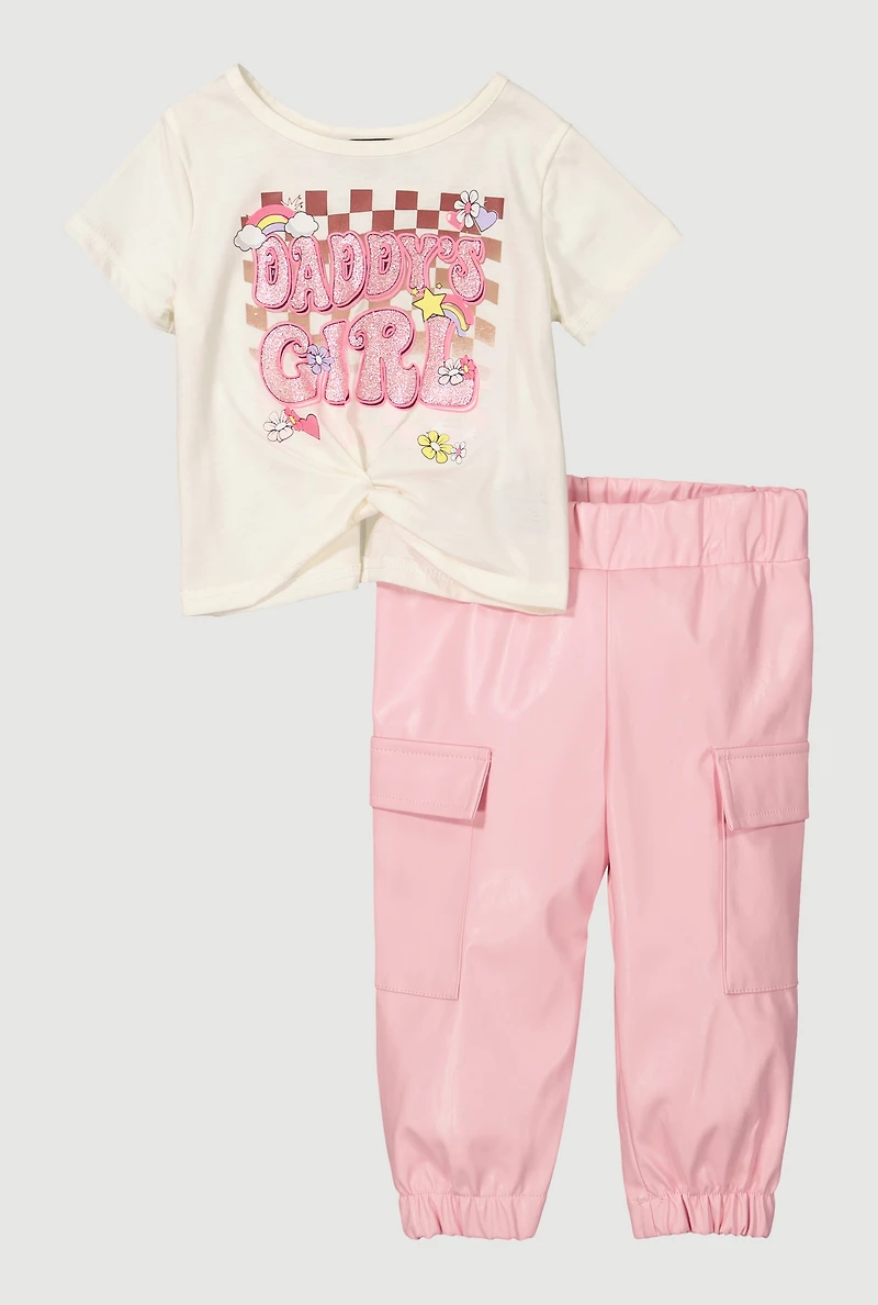 Baby Girls 12-24M Daddys Girls Graphic Tee and Faux Leather Cargo Joggers, Pink, Size 18M