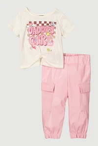 Baby Girls 12-24M Daddys Girls Graphic Tee and Faux Leather Cargo Joggers, Pink, Size 18M