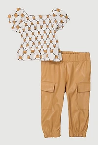 Baby Girls 12-24M Bear Graphic Peplum Top and Faux Leather Joggers, Brown, Size 24M